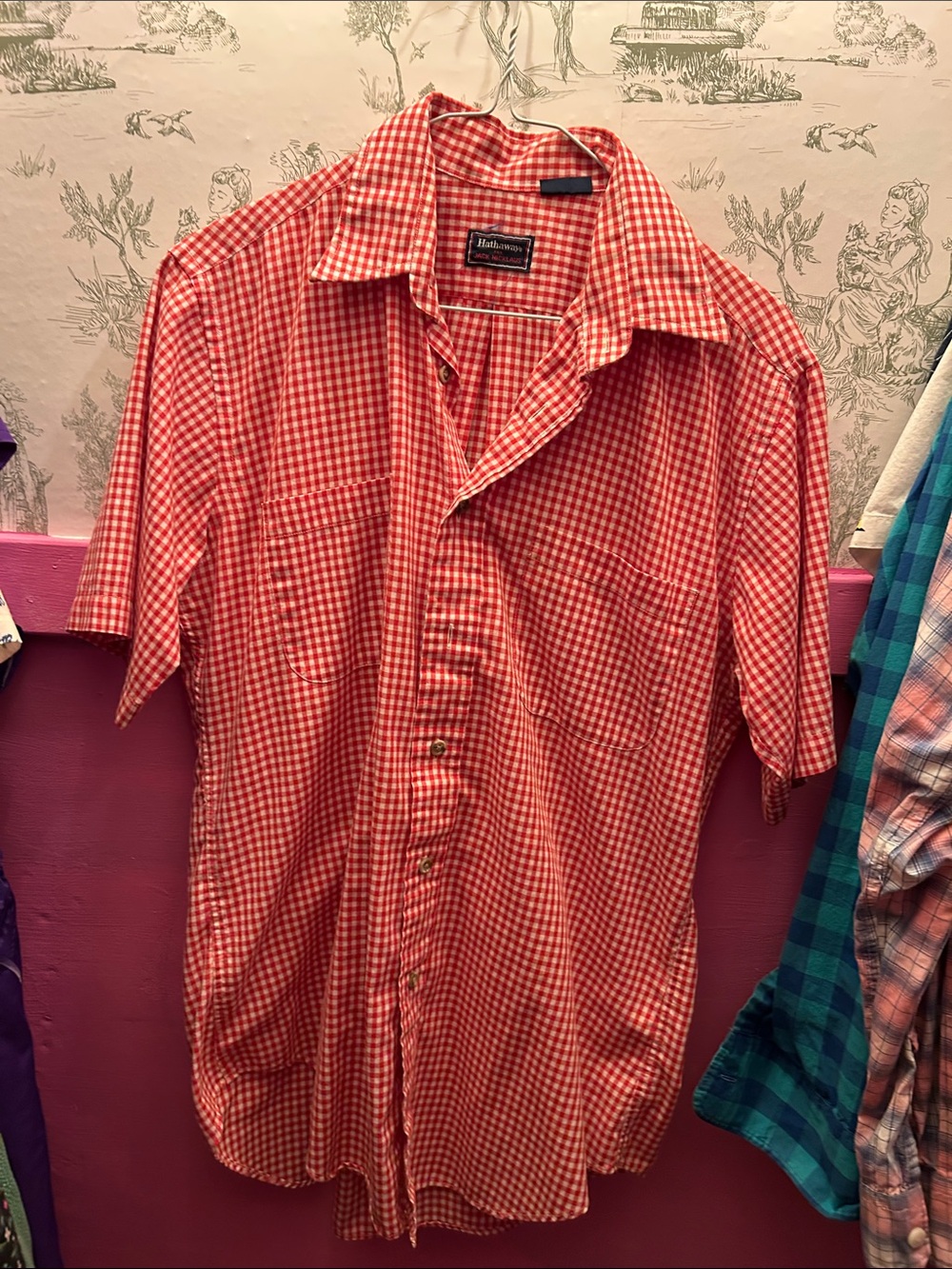 Relaxed Button-Down Gingham Shirt in Red - Short Sleeve